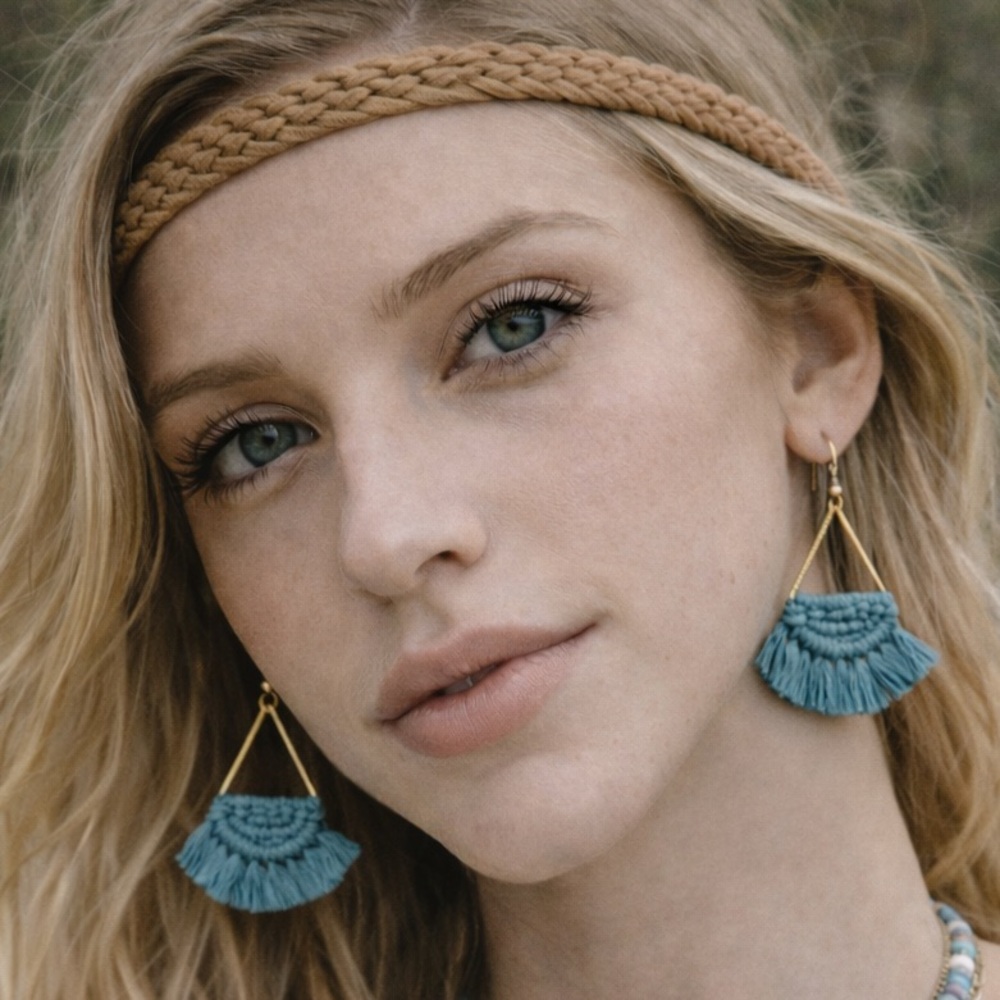 Teal Macrame Fan Dangle Earrings Boho Festival Statement Jewelry